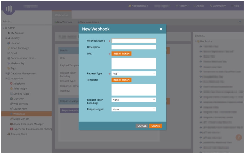 New Webhook Dialog Box in Marketo